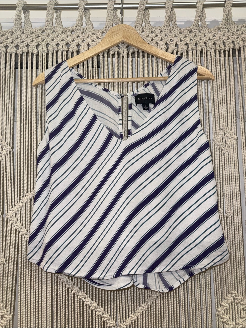MINKPINK Diagonal Stripe Sleeveless V-Neck Cami with Tie Back in White/Purple